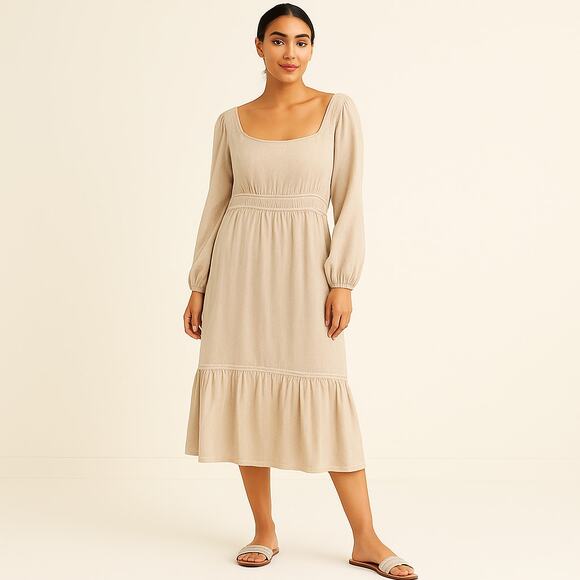 LOST + WANDER Easy Breezy Square Neck Long Sleeve Midi Dress in Oatmeal NWT - Picture 2 of 9